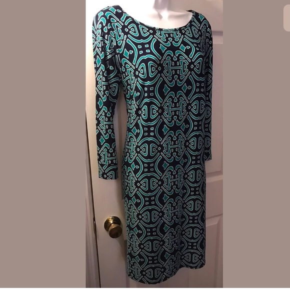 LAUNDRY By Design Shelli Segal Geo Print Dress Turquoise Green Blue Jersey Knit - Picture 2 of 6